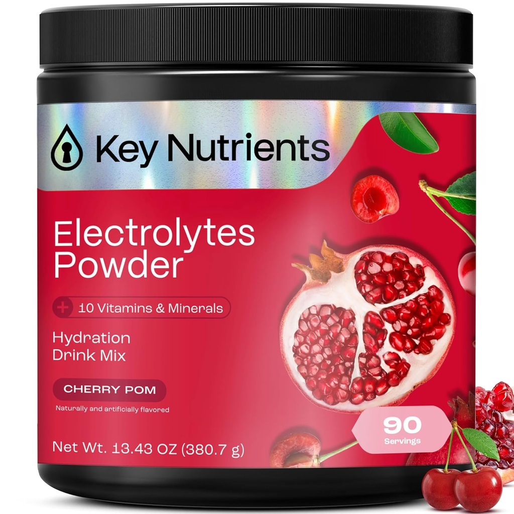 KEY NUTRIENTS Multivitamin Electrolytes Powder No Sugar - Sweet Cherry Pom Electrolyte Powder - Endurance & Energy Supplement - Hydration Powder - No Calories - 90 Servings - Made in USA