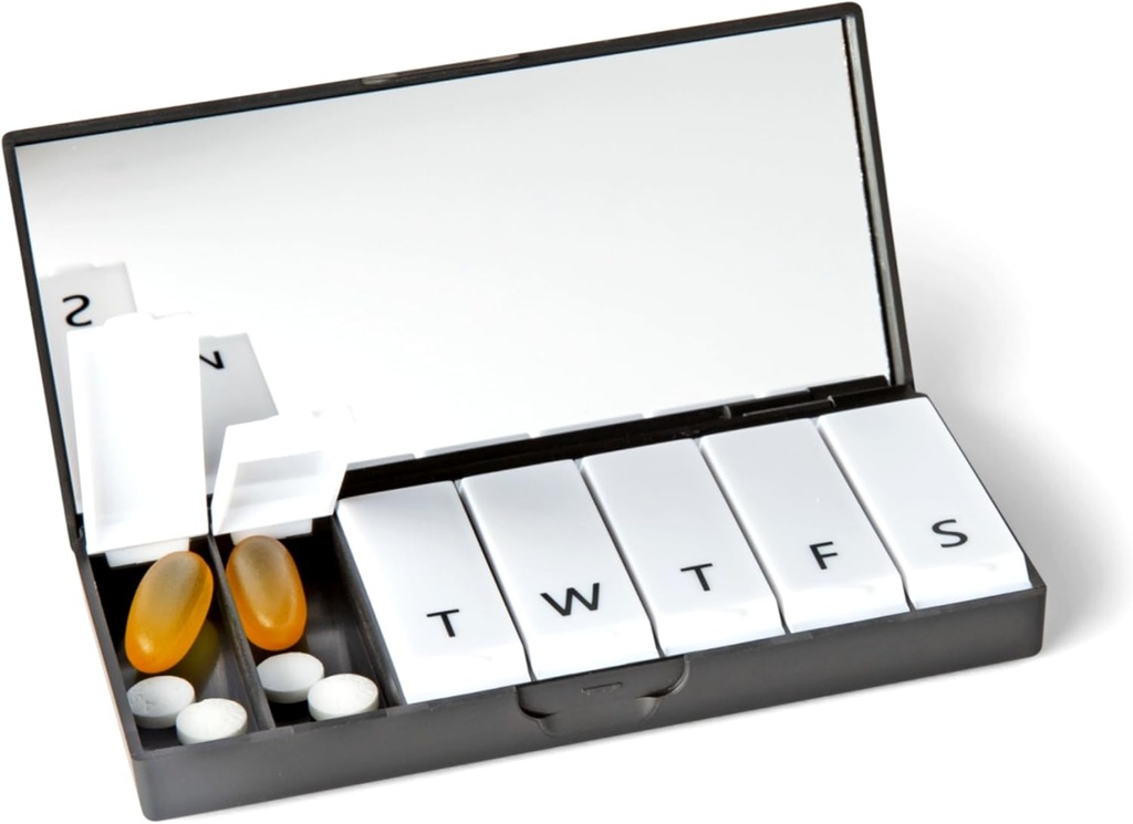 Designer Weekly Pill Box Organizer (Single 1X Daily, Classic Black) | Compact, Stylish 7-Day Vitamin Supplement Case | Cute Portable Mini Travel Medicine Carrier | BPA-Free Pillbox Caddy