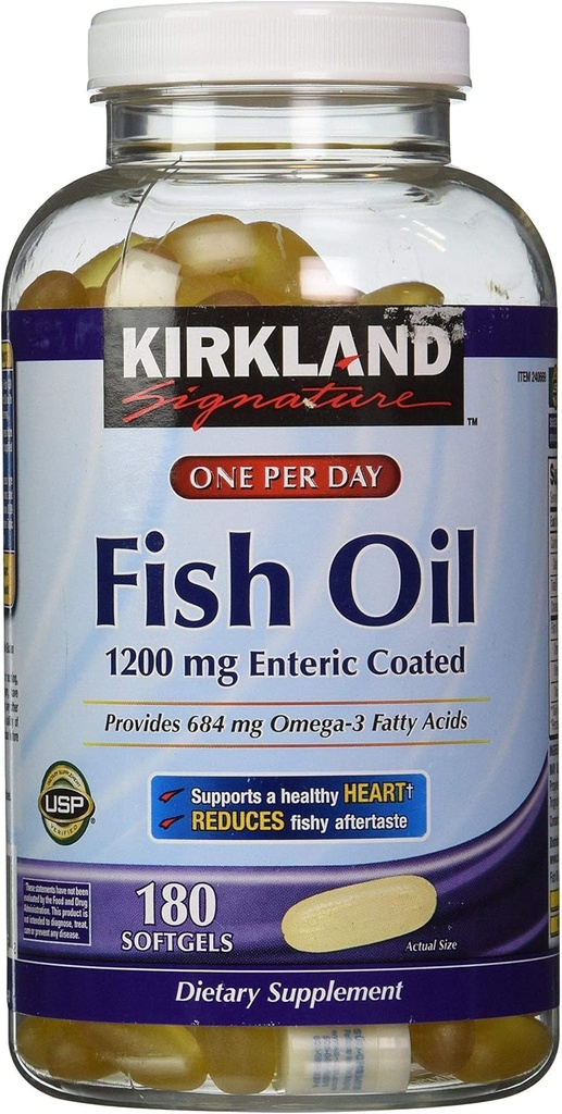 Kirkland Signature Enteric Coated Fish Oil Omega 3 1200 MG Fish Oil, 684 MG of Omega 3 Fatty Acids, 180 softgels