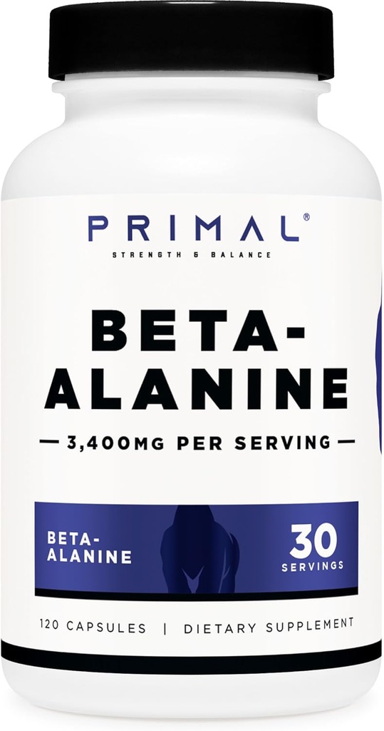 Primal Beta-Alanine Capsules 3400mg (30 Servings, 120 Capsules) - Supplement, Gluten-Free & Non-GMO, 850mg Per Cap