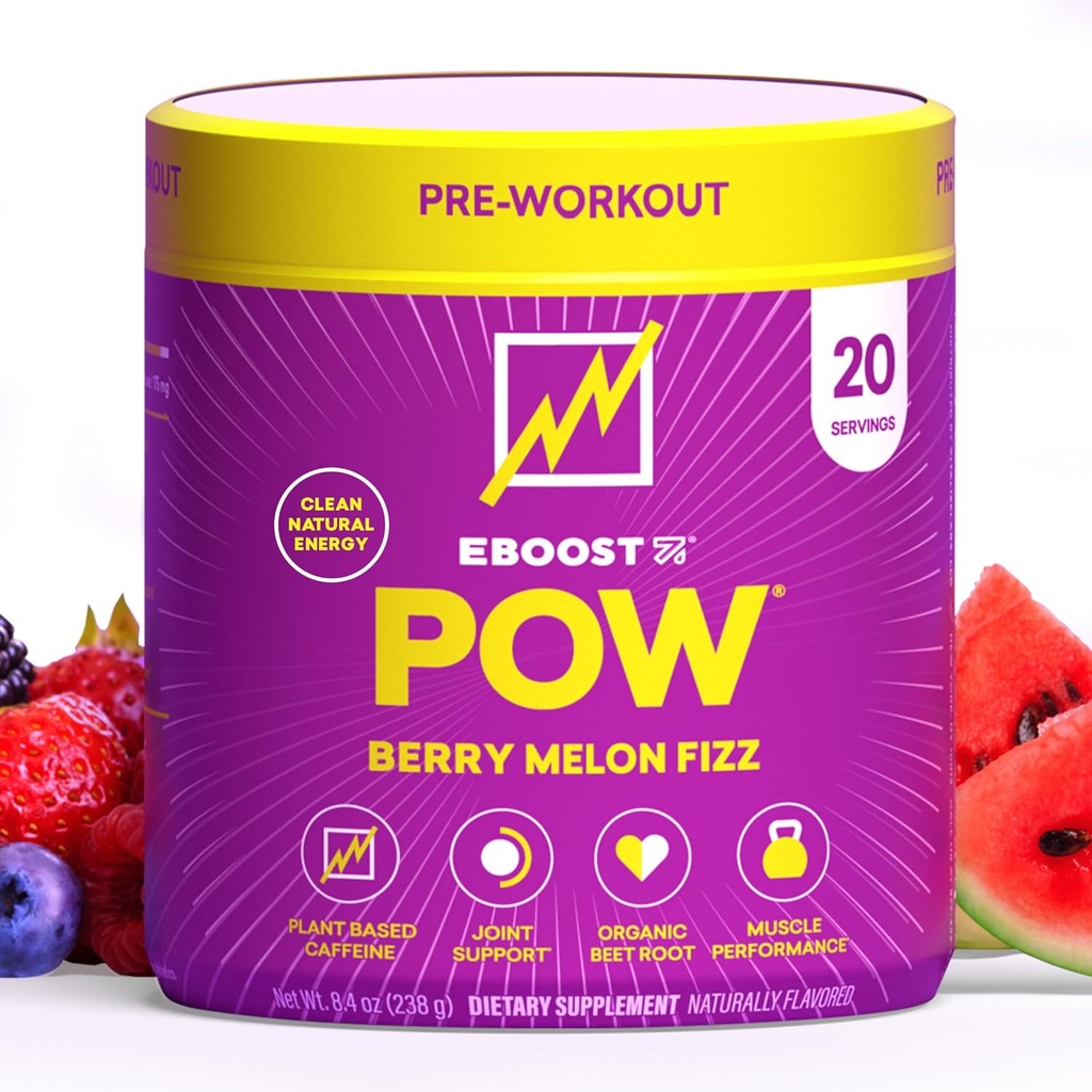 EBOOST POW Natural Pre Workout Powder - 20 Servings - Berry Melon Fizz - Pre Workout Supplement for Performance, Joint Mobility Support, Energy, Focus - Men & Women - Non-GMO, Gluten-Free, No Creatine