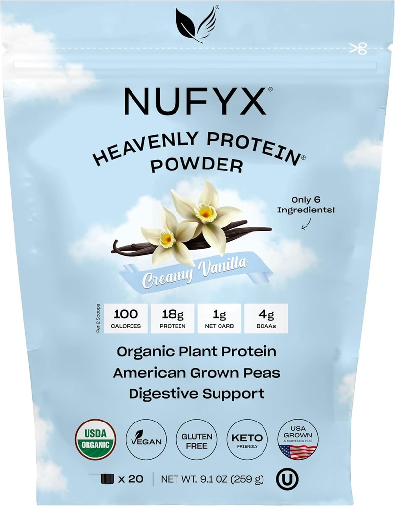 NUFYX® • Heavenly Protein® Powder • World’s Finest 100% Organic American Grown Peas • Vegan • Gluten Free • Low Carb (Creamy Vanilla, 20 Scoops)