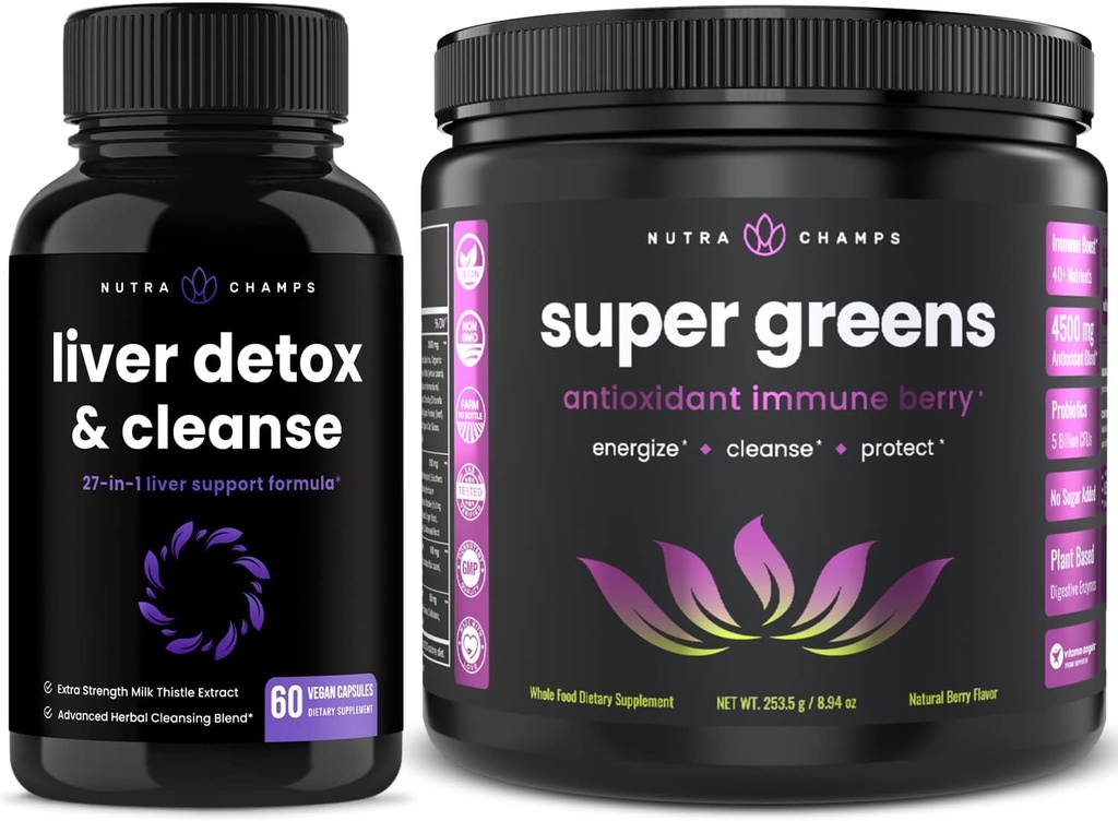 NutraChamps Liver Cleanse Detox Capsules and Super Greens Antioxidant Superfood Powder Bundle