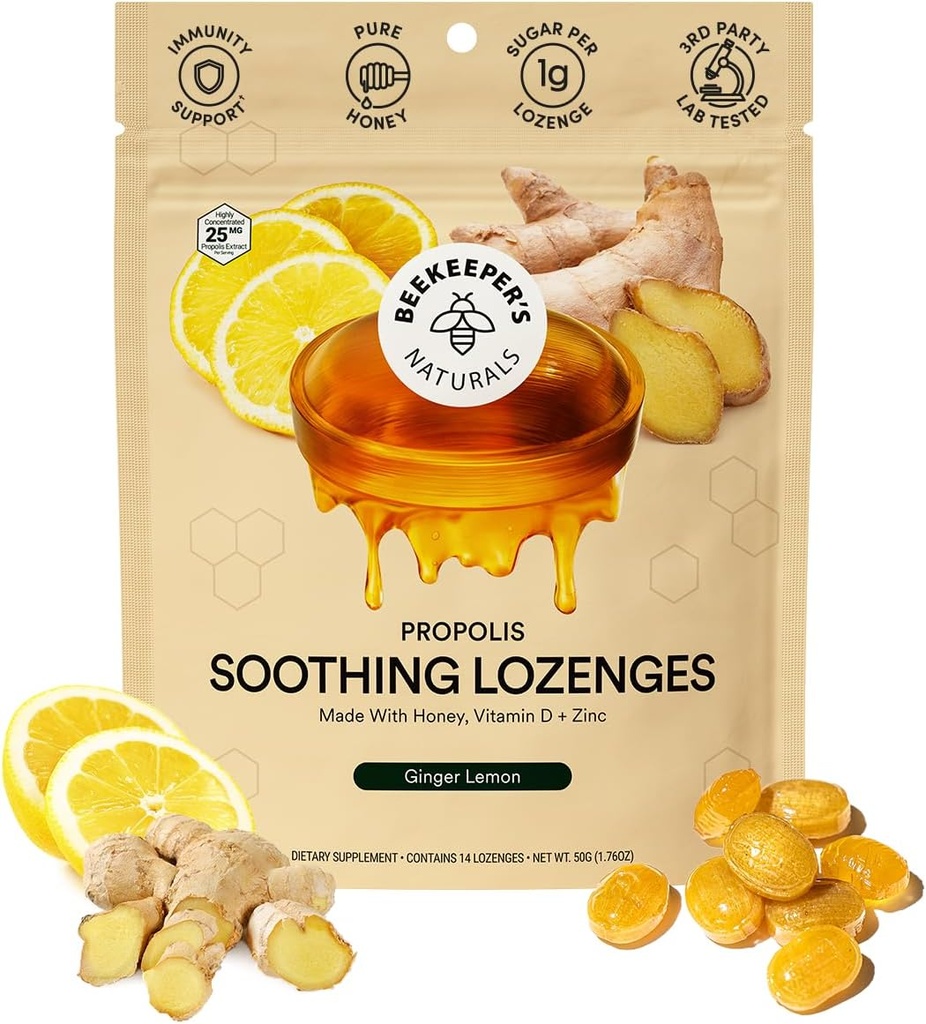 Beekeeper's Naturals Soothing Honey Ginger Lemon Cough Drops - Immune Support with Vitamin D, Zinc and Propolis Throat Soothing Lozenges, 14 Ct