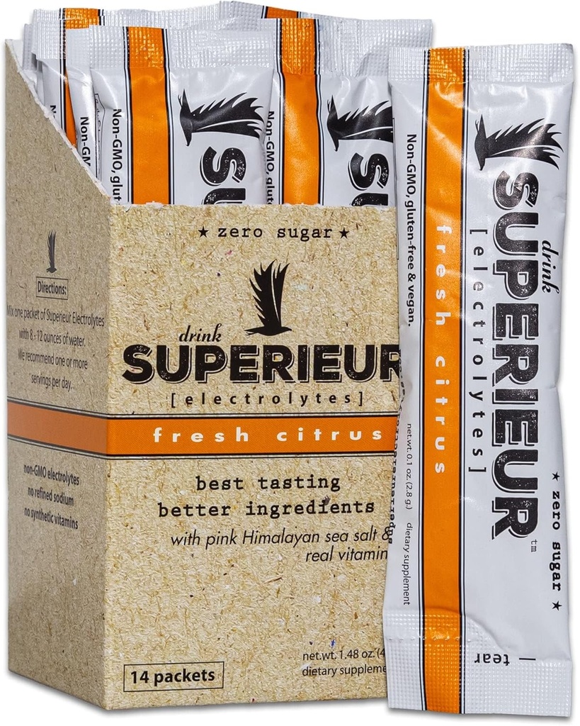 Superieur Electrolyte Powder Packets - Vegan Electrolyte Hydration Powder w/Sea Minerals - Keto Friendly, Non-GMO, Zero Sugar Electrolyte Supplement - Healthy Sports Drink - Citrus (14 Packets)