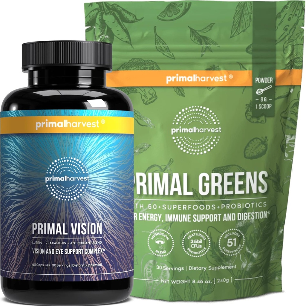 [BRSROYL4OVYBOD3P] Primal Harvest Greens Powder & Vision Supplements for Women and Men Vision and Eye Support Complex with Lutein, Zeaxanthin Bundle