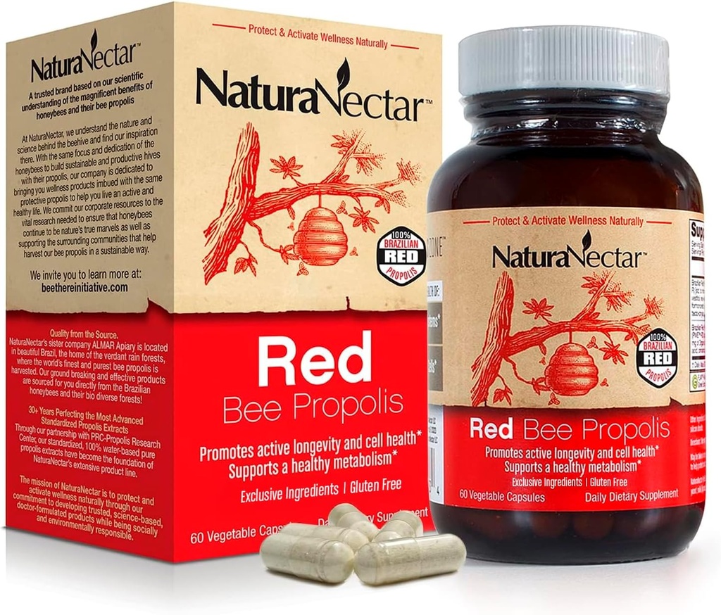 NaturaNectar - Red Bee Propolis Capsules - NSF Contents Certified Premium Brazilian Propolis - Gluten-Free Supplements with More Diverse Flavonoids & PWE - Sourced Through Ethical Beekeeping (60pcs.)