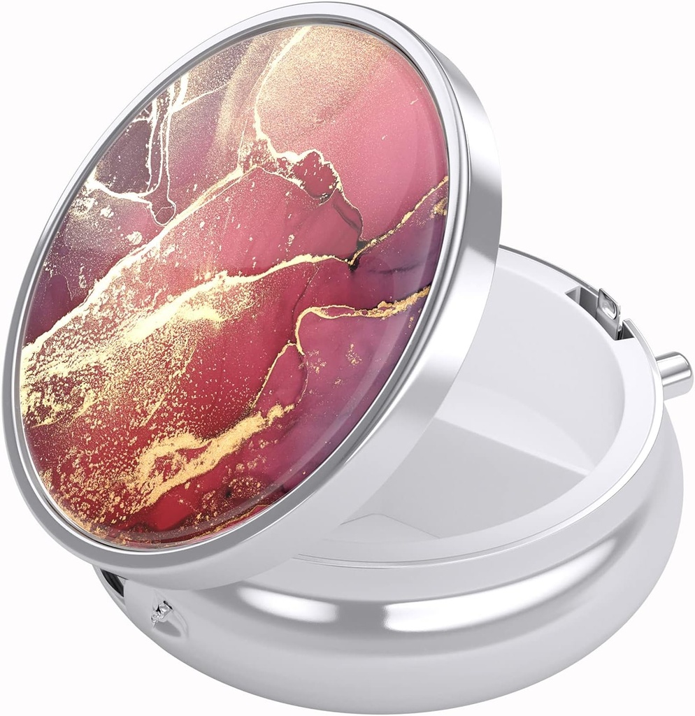 Nipichsha Pill Box, Small Pill Case for Purse & Pocket, Cute Travel Medicine Organizer, Portable Medicine Container Holder to Hold Vitamins, Medication, Fish Oil & Supplements, Red Marble