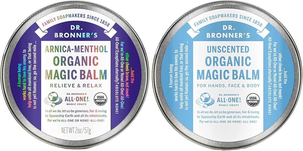 Dr. Bronner's - Organic Magic Balm (2 oz Variety Pack) Arnica-Menthol & Baby Unscented - Made with Organic Beeswax & Hemp Oil, Moisturizes and Soothes Hands, Face & Body | 2 Count
