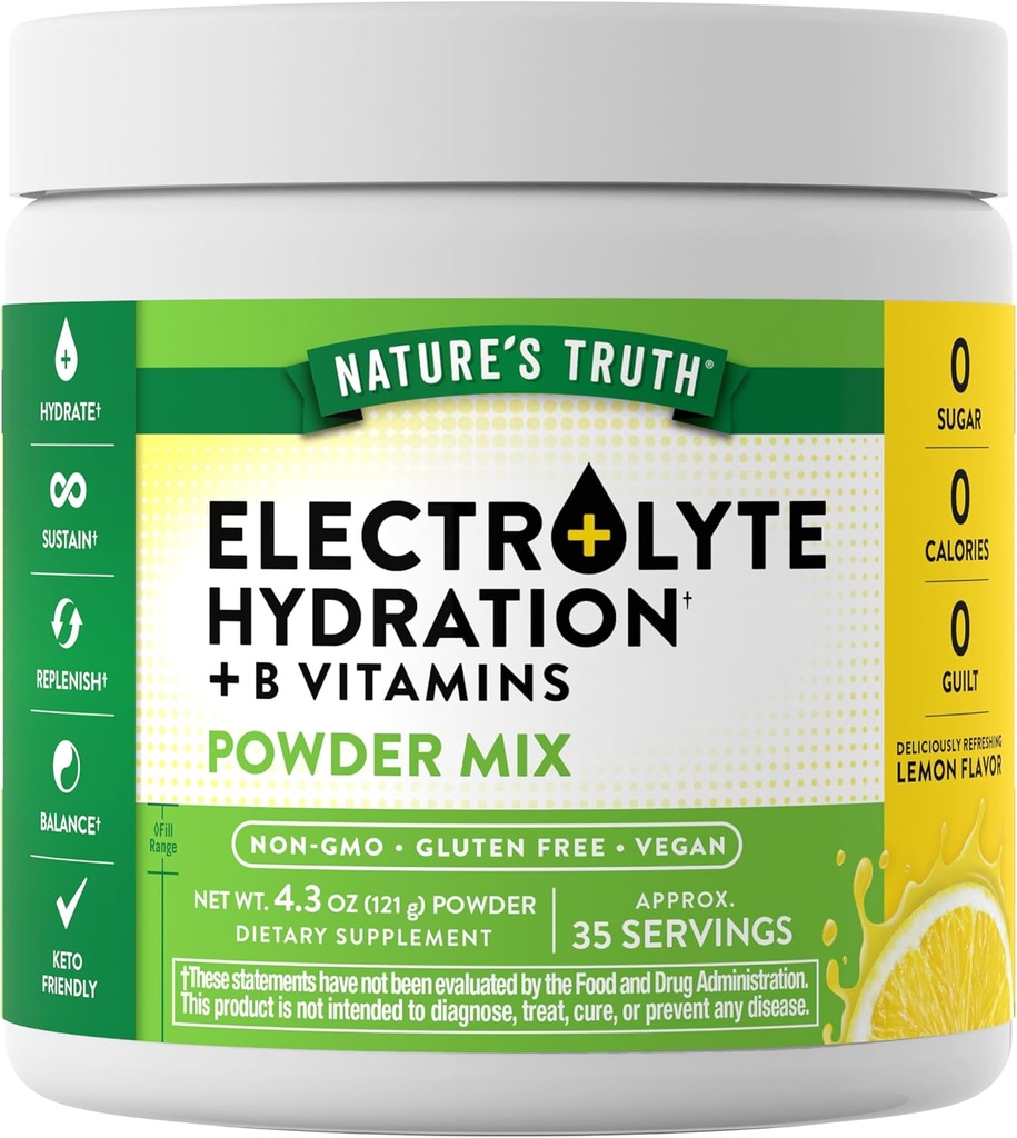 Nature's Truth Electrolytes Powder | No Sugar | with B Vitamins | Refreshing Lemon Flavor | Vegan, Non-GMO & Gluten Free Supplement for Hydration