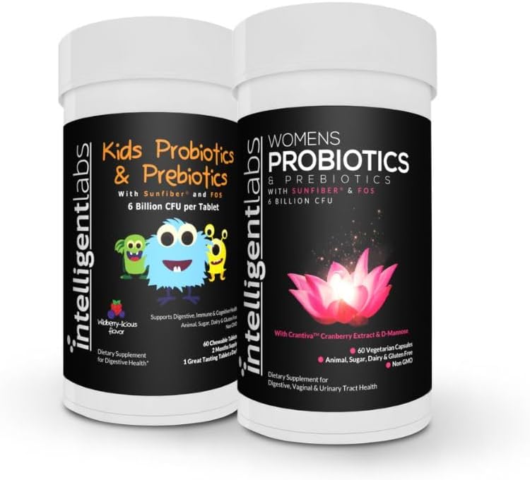 Intelligent Labs 2-in-1 Bundle of Kids’ Probiotics with Sunfiber and FOS + Women’s Probiotics (UTI Formula with Cranberry & D-Mannose), No Refrigeration Required, 2 Months Supply Per Bottle