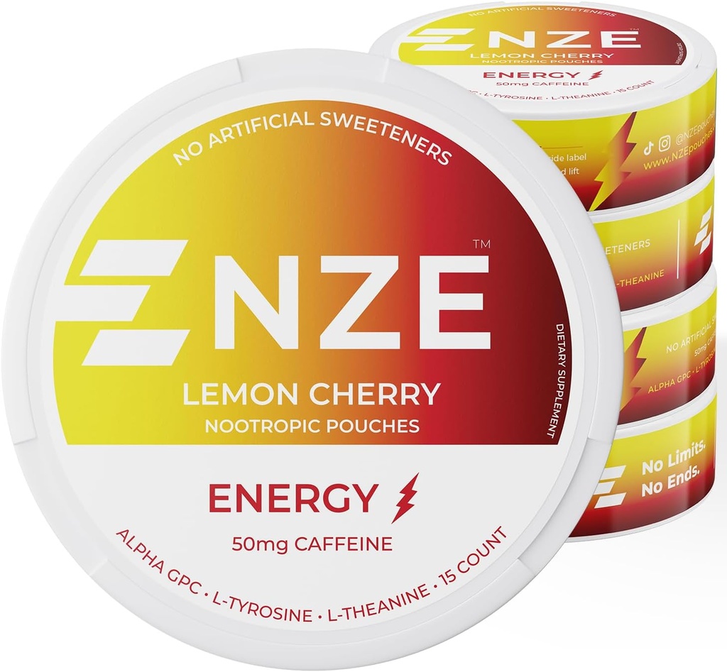 NZE Caffeine Nootropic Pouches (Lemon Cherry) - Energy Pouches with 50mg Caffeine, Alpha GPC, L-Tyrosine & L-Theanine No Sugar or Artificial Sweeteners - 15 Pouches Per Can - 5 Pack
