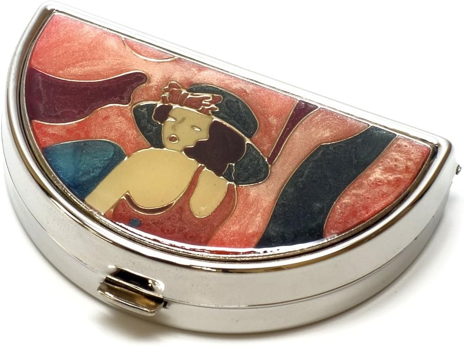 9352 Semi-Circular Small Pill Box Organizer Pewter Silver Pink Women Travel Pill Case Purse Pocket Container Daily Portable Medicine Vitamin Box Medication Supplement Mini Storage