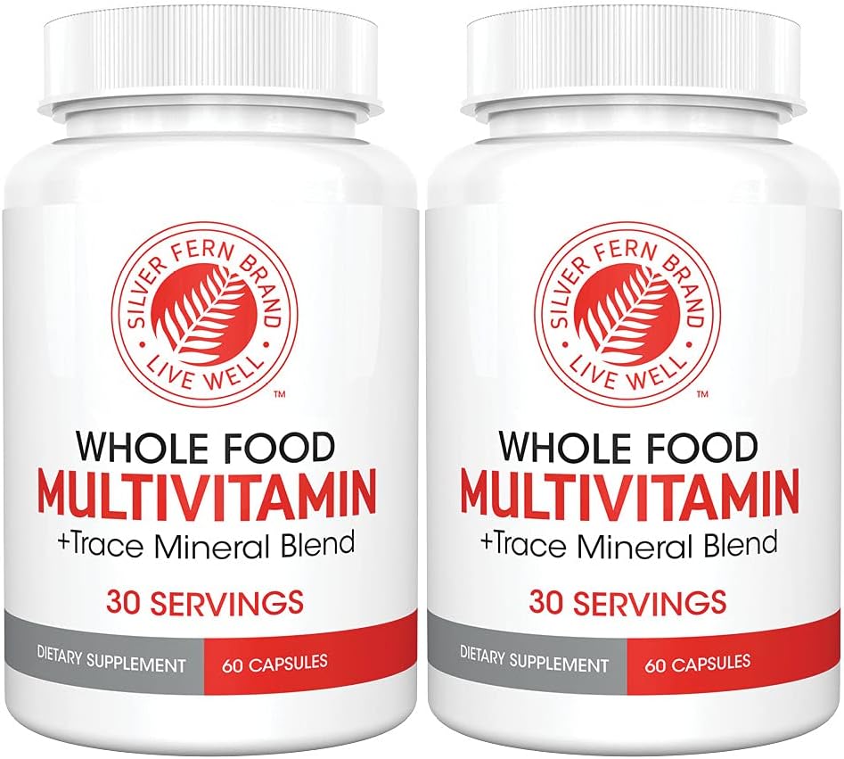 Silver Fern Whole Food Daily Multi Vitamin w/Trace Mineral Blend Supplement - 2 Bottles - 60 Vegicaps Each - 60 Day Supply - Natural, Non-GMO, Vegan, Multivitamin for Men & Women - Zero Synthetics