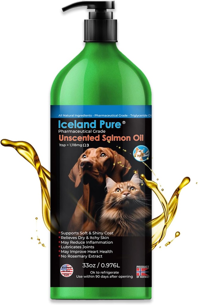 Salmon Oil | Unscented Pharmaceutical Grade | 1118mg of Omega-3 per teaspoon | Liquid Food Supplement For Dogs and Cats | BPA-Free Brushed Aluminum Epoxy coated Bottle with Pump 33oz