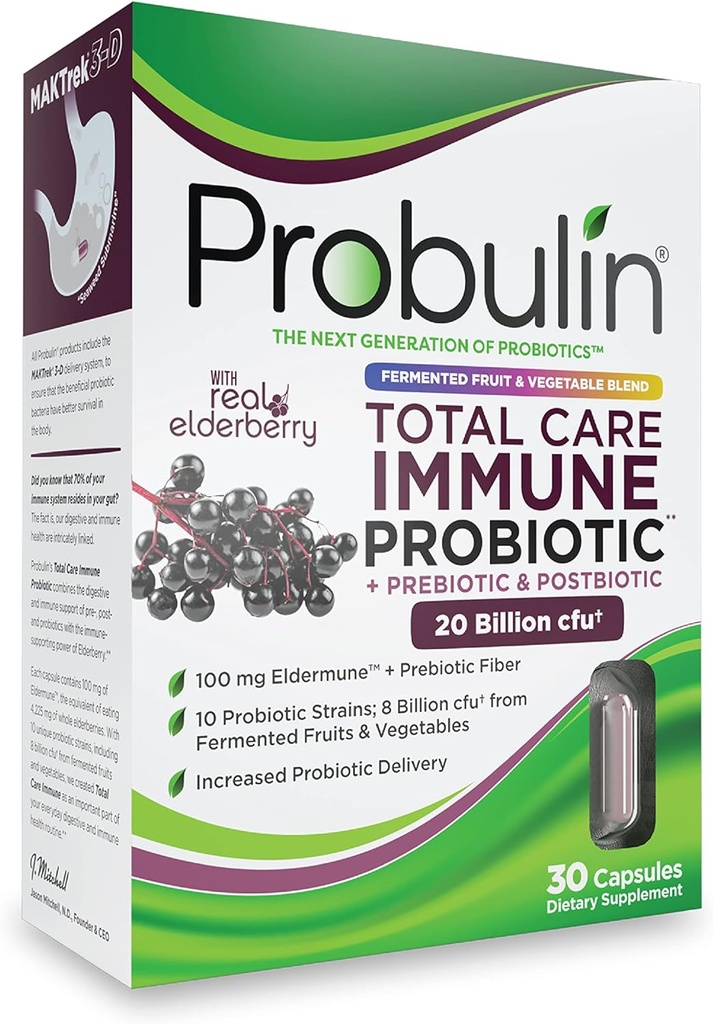 Probulin Total Care Immune = Prebiotics + Probiotics + Postbiotics + Elderberry to Support Immune & Gut Health - 20 Billion CFU - 10 Probiotic Strains, 30 Vegan Capsules