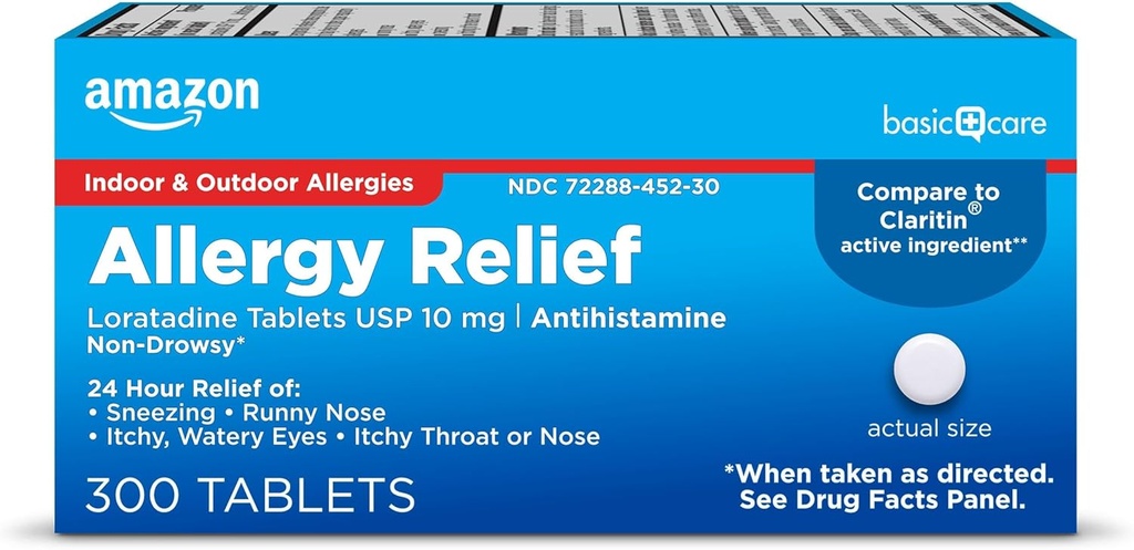 Amazon Basic Care Allergy Relief Loratadine Tablets 10 mg, 300 Count (Packaging may vary)