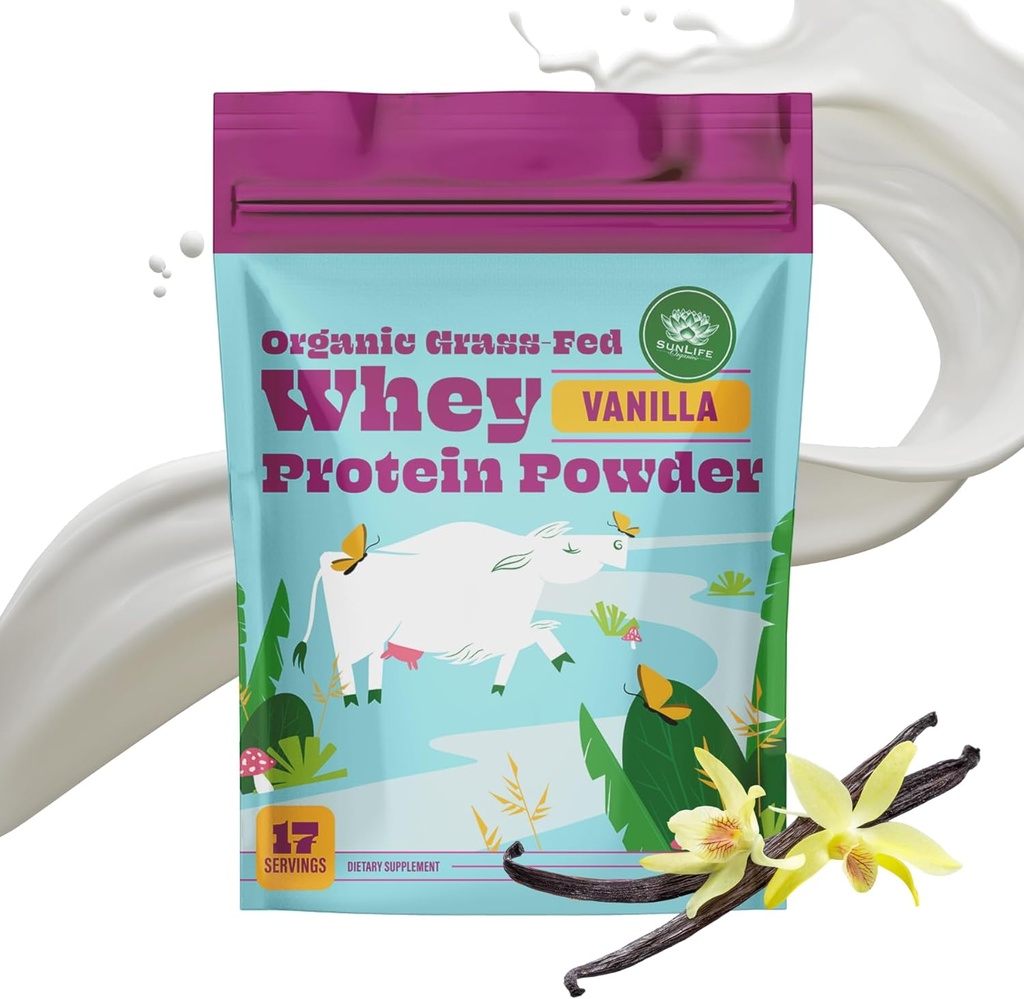 SunLife Organics Grass Fed Whey Protein Powder Vanilla | 100% Organic Protein Powder for Men & Women, Naturally Sweetened with Cacao, Coconut Creamer, and Stevia (16 Oz) 15 Servings