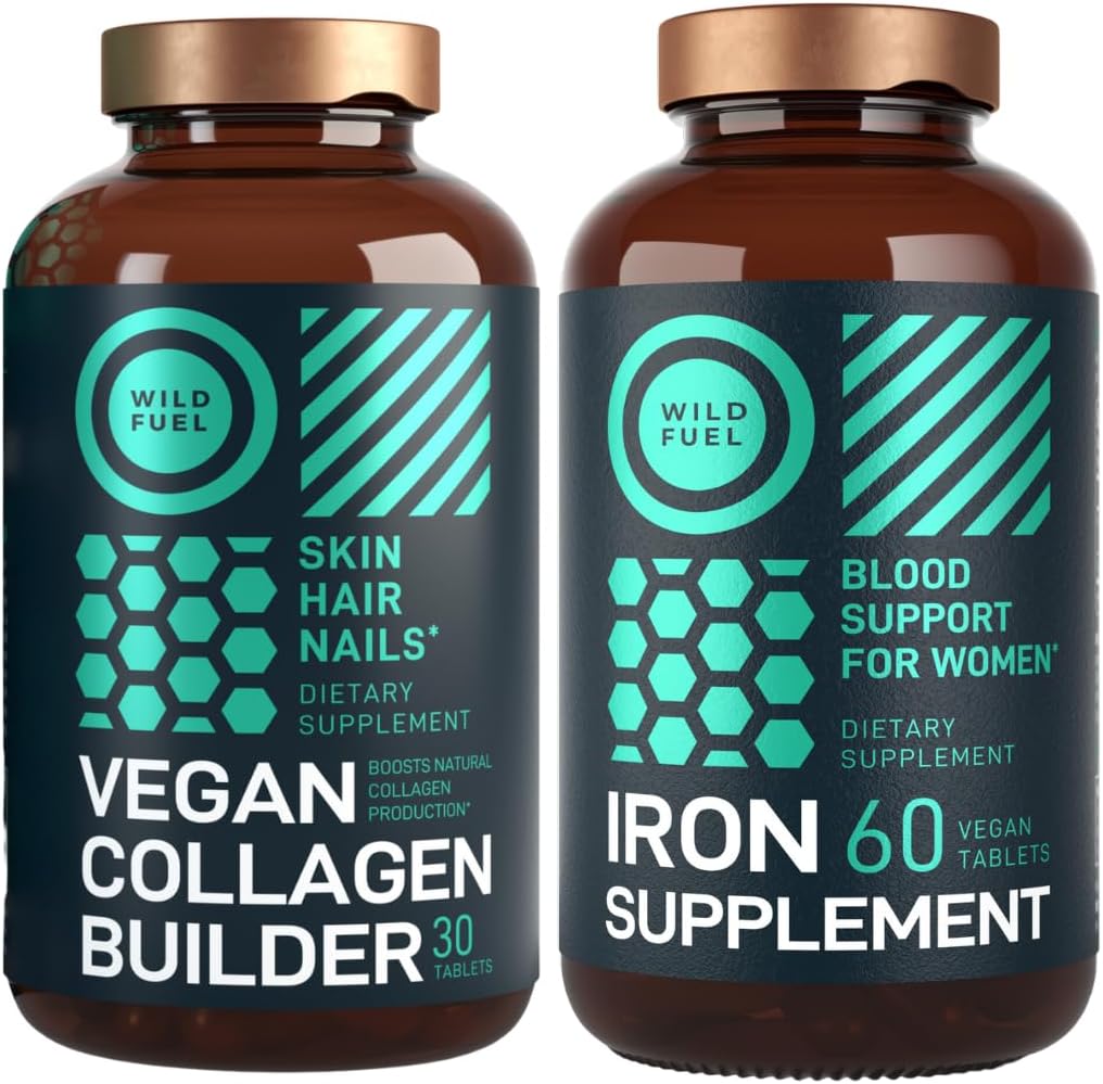 WILD FUEL Vegan Collagen Builder Tablets and Iron Supplement for Women with Folic Acid Female Bundle
