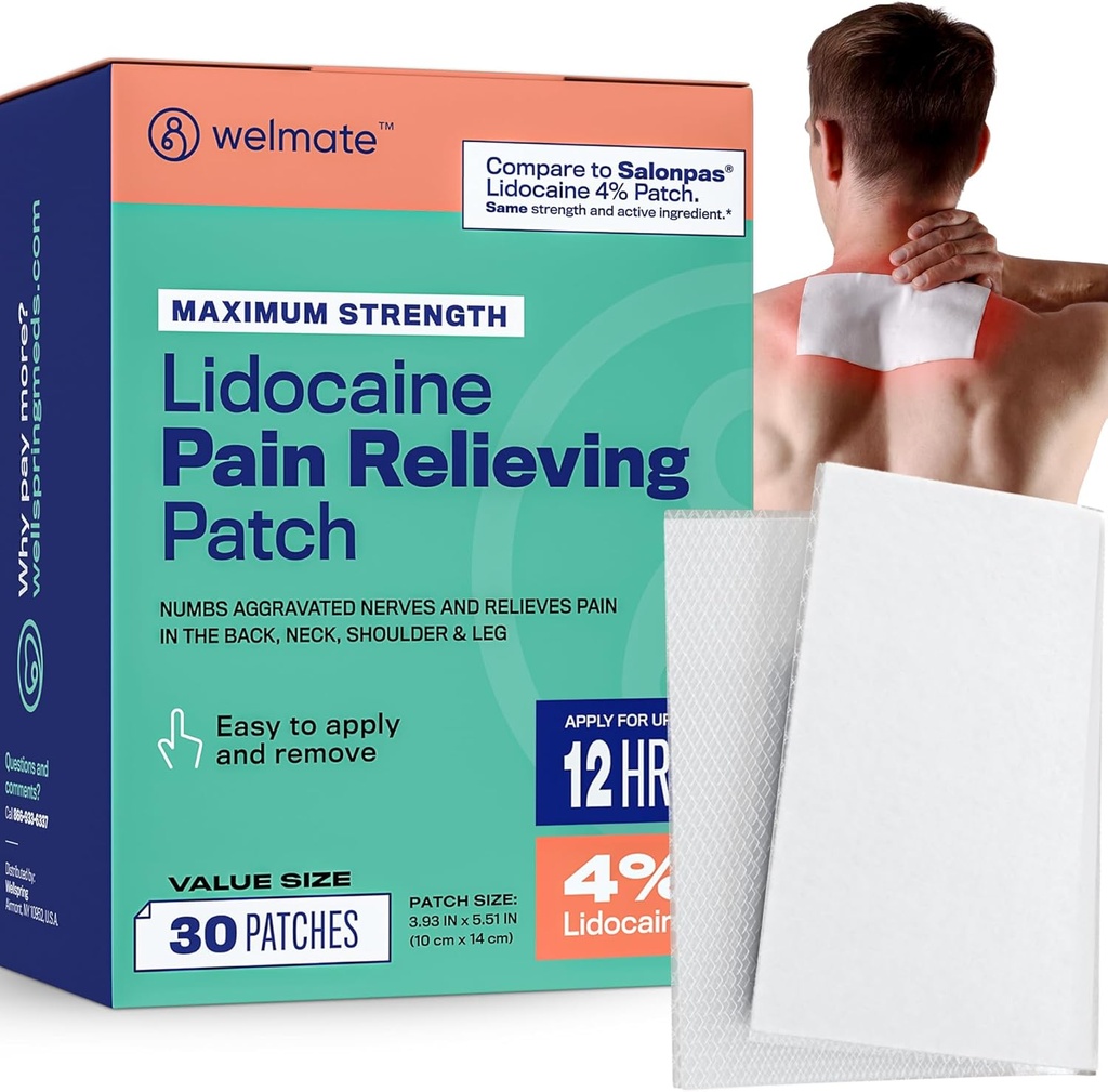 WELMATE - 4% Lidocaine Numbing Patch - Maximum Strength - Temporary Relief of Pain, Back, Neck, Shoulders, Knees, Elbows, Minor Skin Irritations - Topical Analgesic Unscented - 30 ct