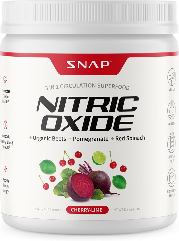 Snap Supplements Organic Beet Root Powder, Nitric Oxide Superfood Supplement with Beets, B Vitamins, Pomegranate & Red Spinach for Energy, Heart Health & Circulation Support, 30 Servings, Cherry Lime