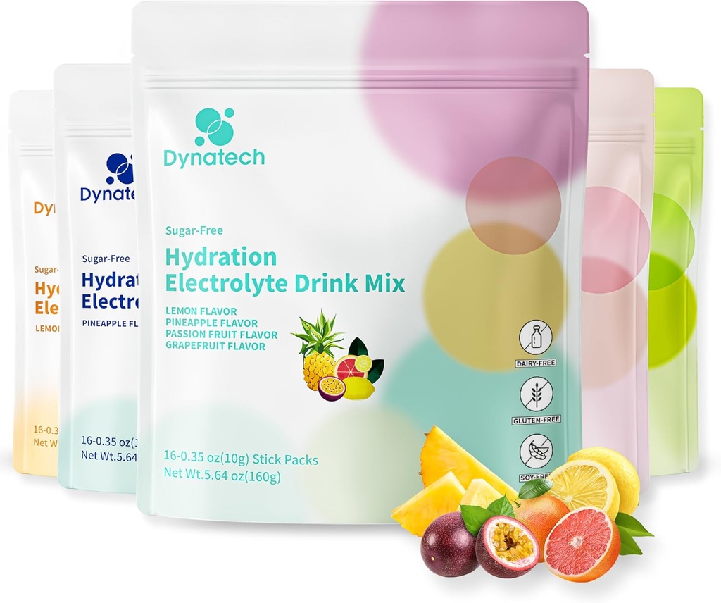 Dynatech Zero Sugar Electrolyte Drink Mix - Variety Pack - Hydration Powder Packets with 10 Electrolytes & Vitamins | Non-GMO, Gluten Free, Vegan Electrolytes Powder Packets | 16 Servings