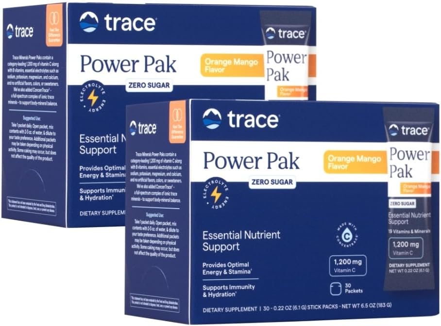 Trace Minerals Power Pak Multivitamin and Multimineral Packets - Electrolyte Support - 1200 mg Vitamin C plus 70+ Trace Minerals - Sugar Free - Orange Mango Flavor - 60 Packets