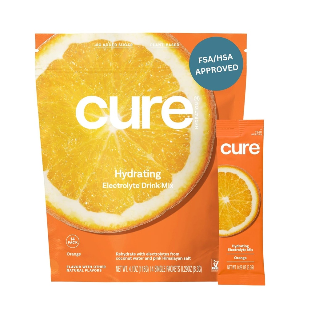 Cure Hydrating Electrolyte Mix | Powder for Dehydration Relief | FSA & HSA Eligible | Made with Coconut Water | No Added Sugar | Vegan | Paleo Friendly | Pouch of 14 Packets - Orange