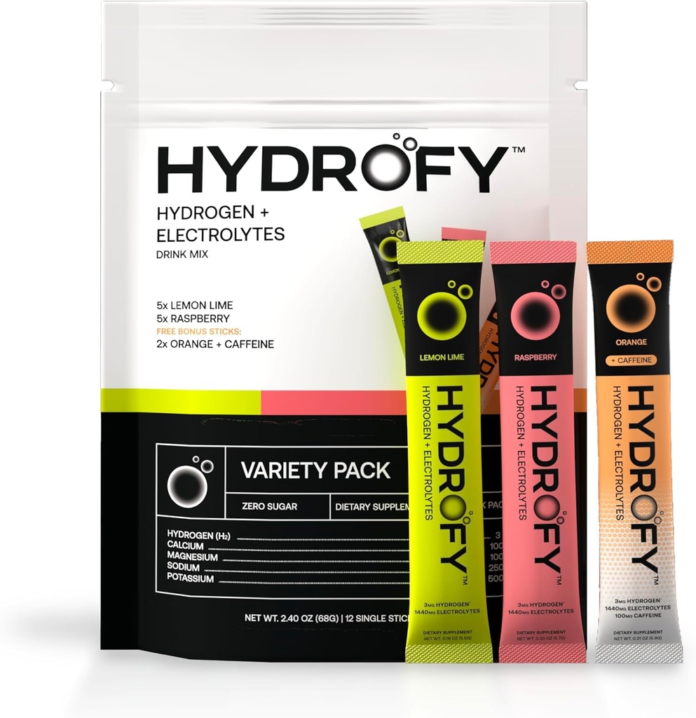 Hydrogen Water + Electrolytes Drink Mix - Variety Pack | H2 Hydration Packets with Molecular Hydrogen, Sodium, Potassium, Magnesium | Lemon Lime, Raspberry, Orange + Caffeine | 12 Count