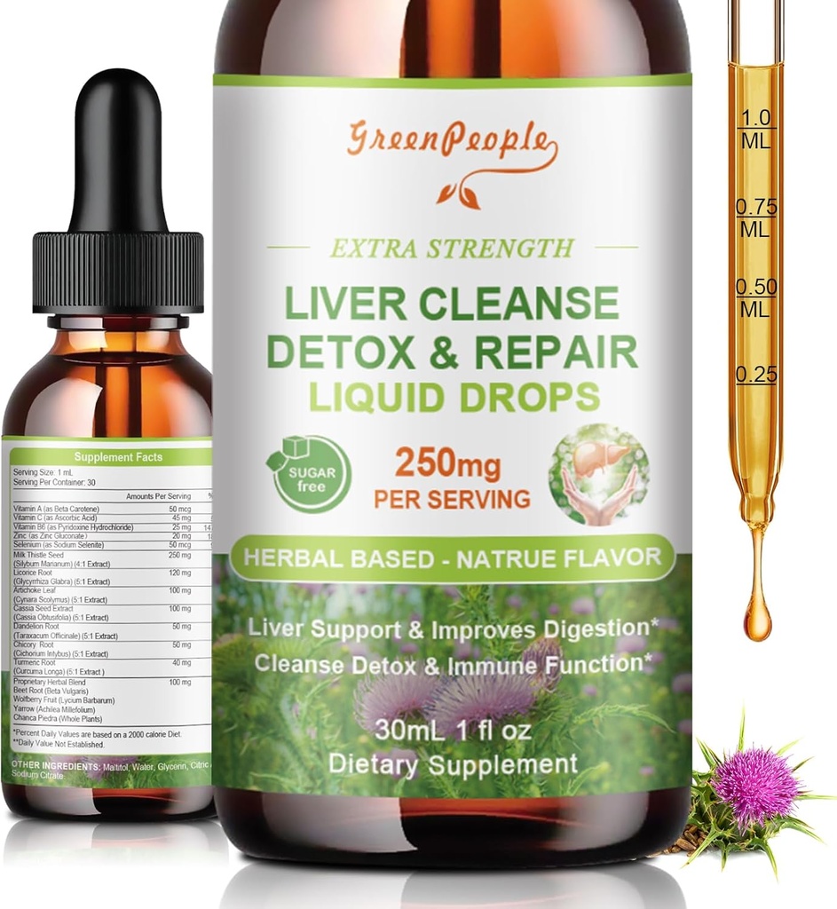 Liver Cleanse Detox & Repair Drops - Liver Supplement w/Milk Thistle Silymarin, Artichoke & Dandelion for Liver Detox & Support- 16x Potent Herb-Nutrients - 1Fl Oz Natural Flavor