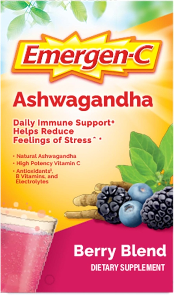 Emergen-C Vitamin C Ashwagandha Drink Mix, Dietary Supplement for Immune Support, Berry Blend - 18 Count