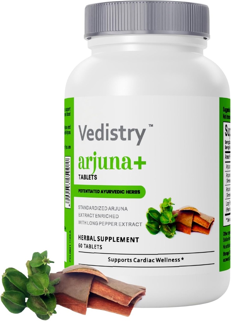 Arjuna+ Bark Extract Supplement | 1100mg Arjuna Tablets with Long Pepper for Heart Health & Blood Pressure Support | Organic Herbal Cardiovascular Supplement | 60 Vegan Tablets