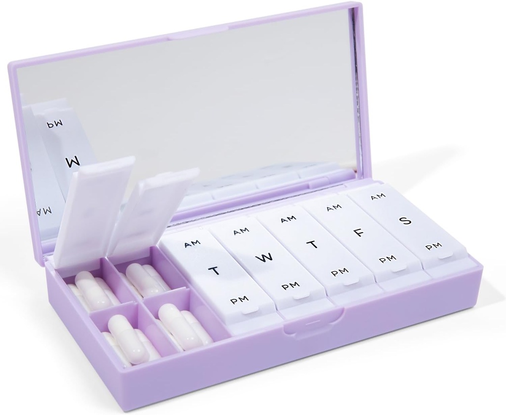 Designer Weekly Pill Box Organizer (AM/PM 2X Daily, Lilac) | Compact, Stylish 7-Day Vitamin Supplement Case | Cute Portable Mini Travel Medicine Carrier | BPA-Free Pillbox Caddy