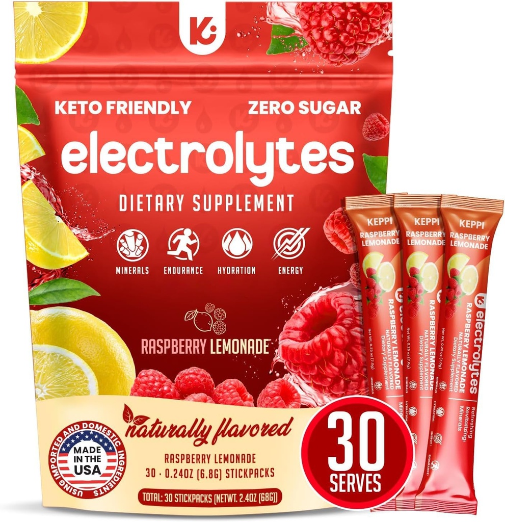 Keppi Electrolytes Powder Packets – Raspberry Lemonade 30 Servings – No Sugar Hydration Supplement with Potassium, Magnesium, Sodium – Keto, Vegan, Fasting-Friendly, Zero Calorie Hydration Packets