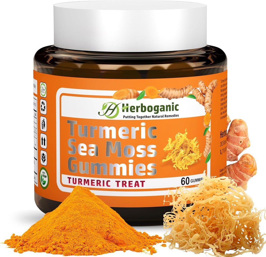 Turmeric Sea Moss Gummies - Natural Dietary and Herbal Supplement for Skin and Energy Support with Sea Moss, Boost Immune System - 60 Gummies