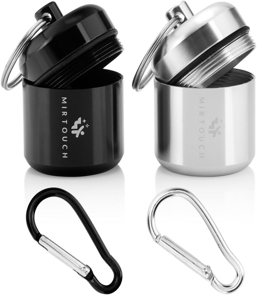 Portable Keychain Pill Holder Case - Discreet Waterproof Mini Pill Container Carrier with Strong Carabiners for Pocket Purse Travel Bags - Aluminum Alloy Pill Fob Box for Medicine Jewelry - 2 Pack