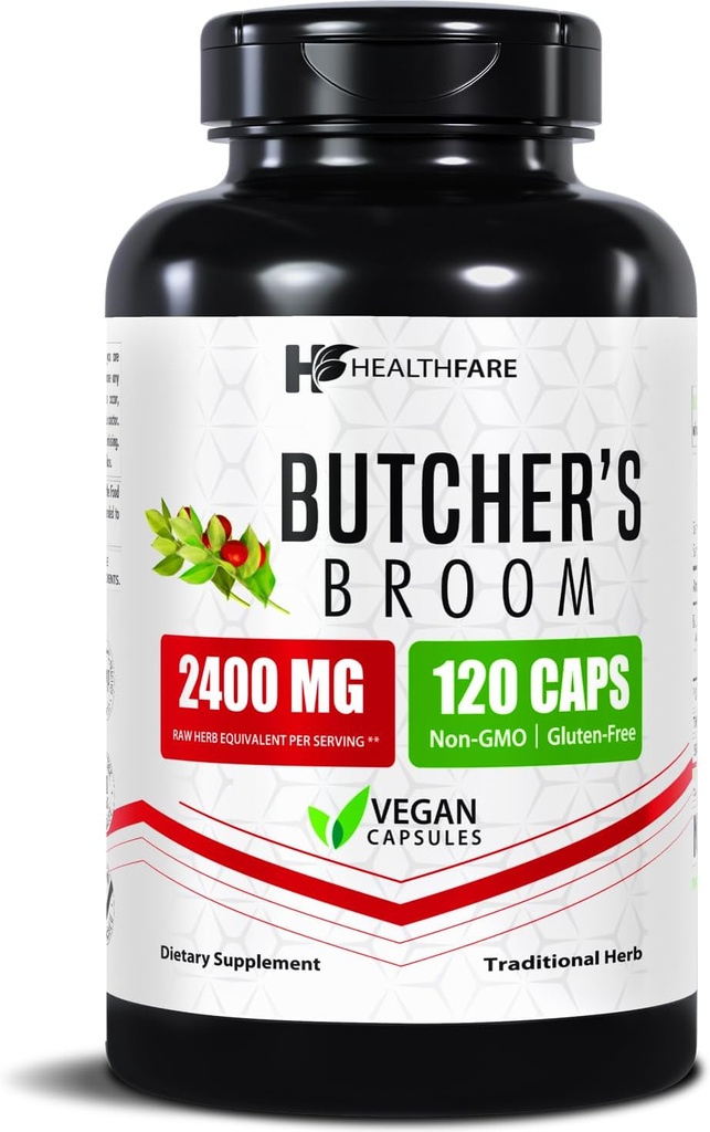 Butchers Broom Supplement | Capsules Extract 2400mg | 120 Vegetarian Pills | Premium Herbal Root Supplement | Circulation & Vein Support | Non-GMO, Gluten-Free | Made in USA
