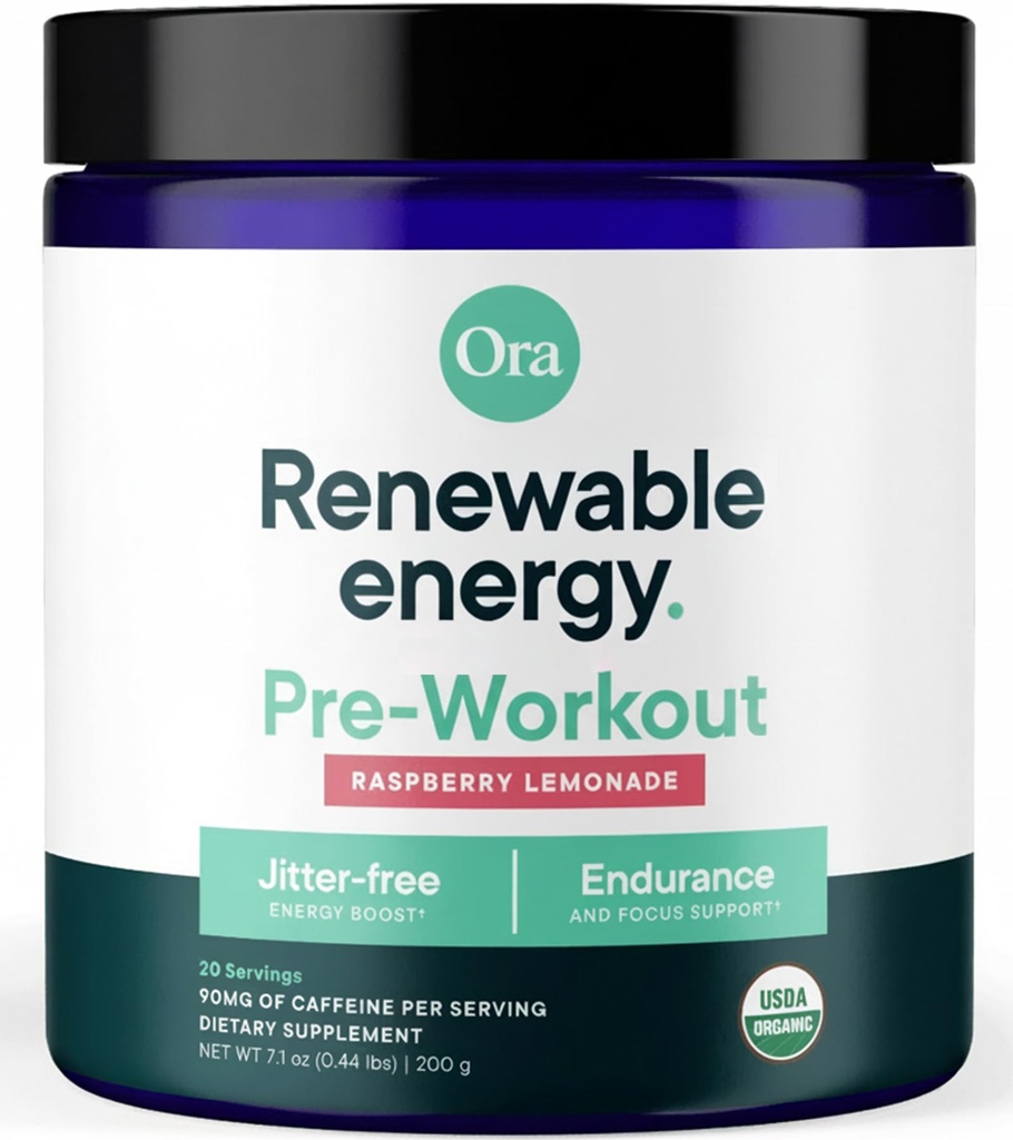 Ora Organic Natural Pre Workout Powder - Raspberry Lemonade Flavor- Provides Jitter Free Energy, Focus, Hydration, & Endurance - Vegan, Certified Organic, Soy, Dairy, & Gluten Free, 20 Servings