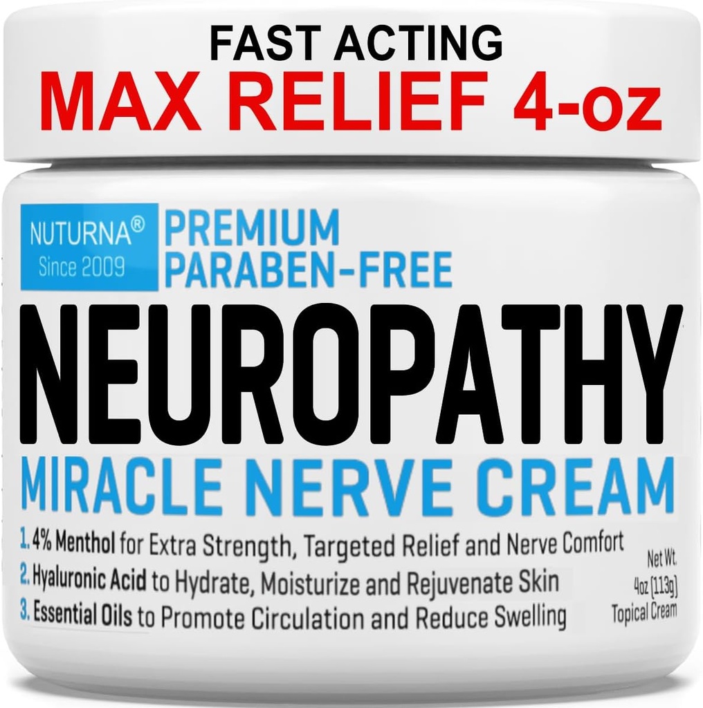Neuropathy Nerve Relief Cream - Premium Nerve Cream 3X Action for Targeted Relief and Soothing Nerve Comfort - Maximum Strength with 4% Menthol Arnica MSM for Feet Hands Legs Toes & Back - Large 4 Oz