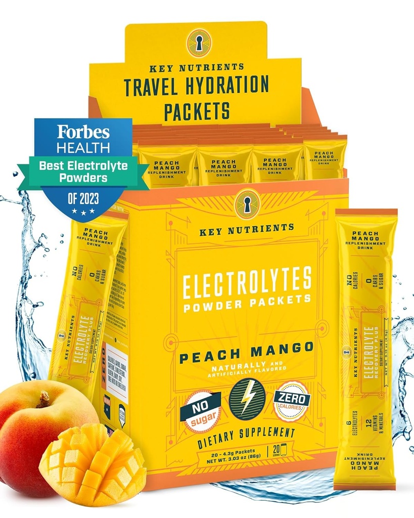 KEY NUTRIENTS Electrolytes Powder Packets 20 Pack - No Sugar, Tropical Peach Mango, Hydration Packets with Electrolyte Powder for Refreshing Electrolyte Drink Mix Packets - Zero Calories