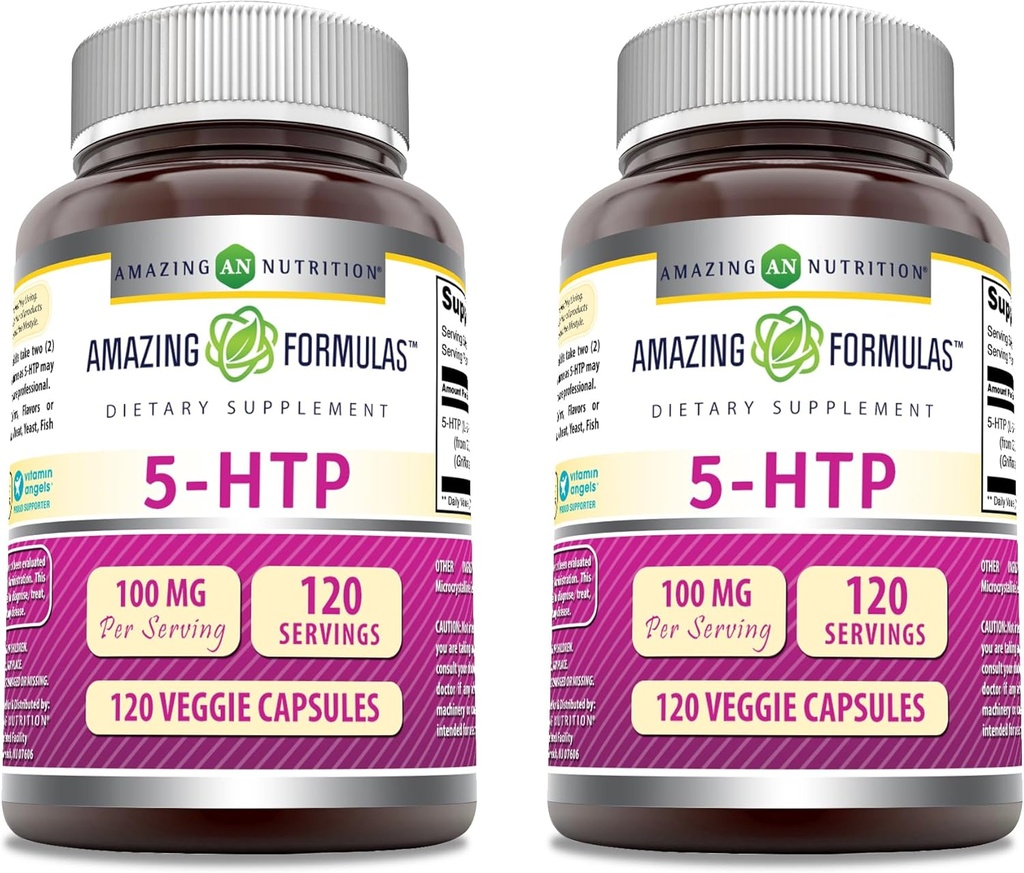 Amazing Formulas 5-HTP (Hydroxytryptophan) Supplement | 100 Mg Per Serving | Veggie Capsules | Non-GMO | Gluten Free | Made in USA (2 Pack, 120 Count)