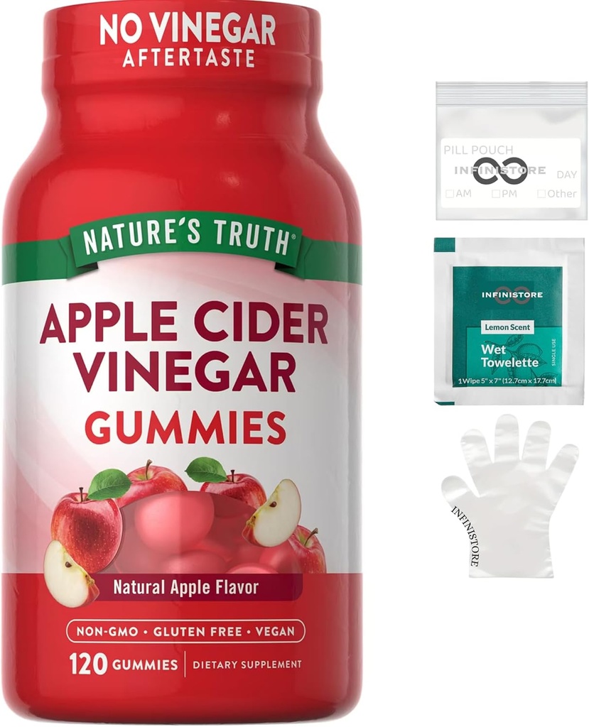 InfiniStore™ Medicine Pouch & Scented Moist Towelette Bundle with Nature Truth Apple Cider Vinegar Gummies, 120 Count, 400mg, Natural Apple Flavor - Non-GMO, Gluten Free, Vegan