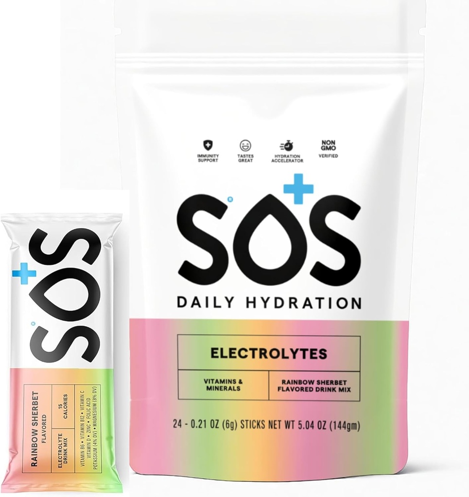 SOS Hydration Electrolyte Drink Mix – 24 Servings, Rainbow Sherbet Flavor, with Essential Vitamins – Low-Calorie, Low Sugar, Keto-Friendly Hydration Supplement