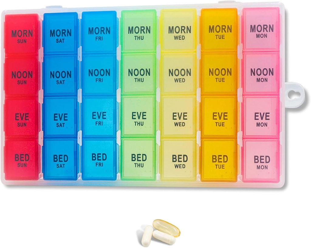 Weekly Pill Organizer 4 Times a Day, 7-Day Pill Boxes, Monthly Medication Organizer 28 Days Portable Compartments & Moisture-Proof Outer Case for Vitamins, Fish Oils, Supplements(Color)