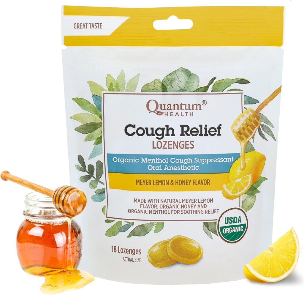 Quantum Health Organic Cough Drops Meyer Lemon & Honey Throat Lozenges - Soothing Menthol Suppressant Dry Mouth & Sore Throat Relief for Adults & Kids - 18 Count