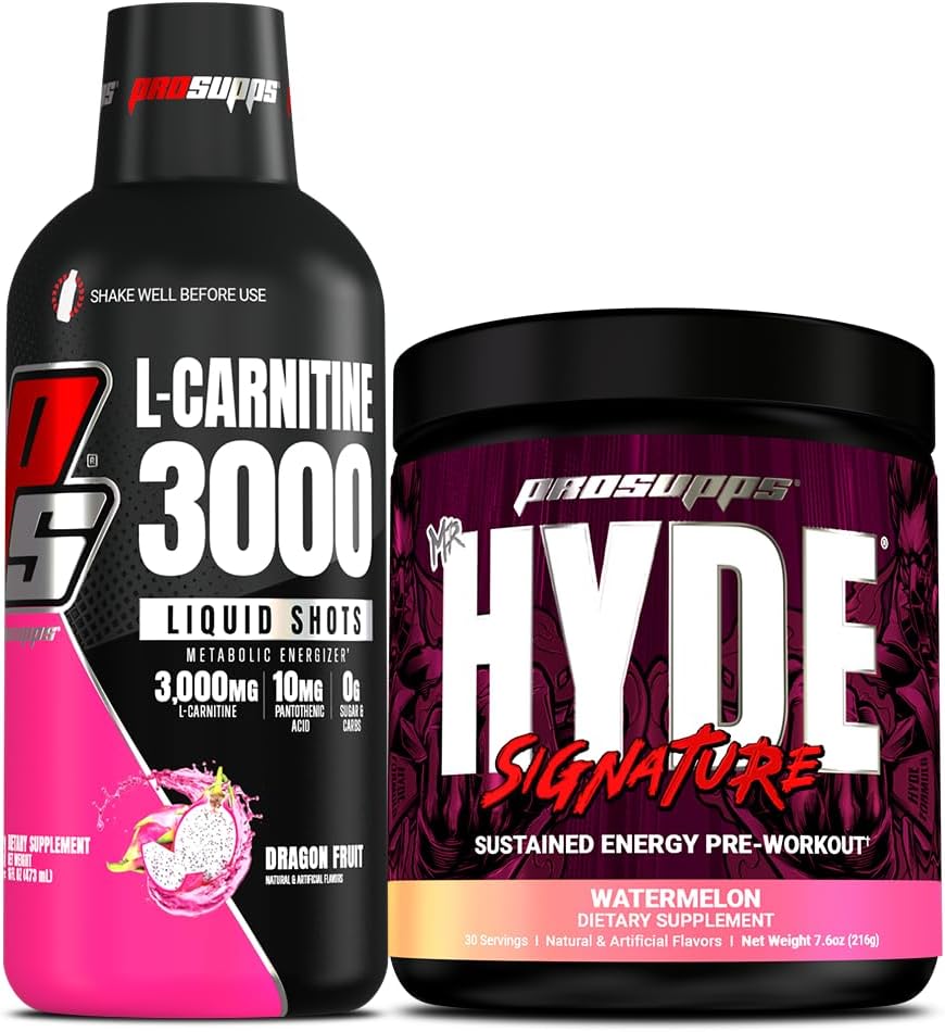 PROSUPPS L-Carnitine 3000 Stimulant Free Liquid Shots (31 Servings, Dragon Fruit) and Mr. Hyde Signature Series Pre-Workout Energy Powdered Drink (30 Servings, Watermelon) Bundle