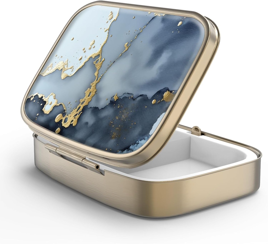 Pill Case Pill Box with Mirror Retro 2 Compartment Small Pill Case for Purse or Pocket Bronze Rectangular Pill Box or Vitamins, Fish Oil, Supplements, Pill Containe Travel Gifts（Black Gold Marble）