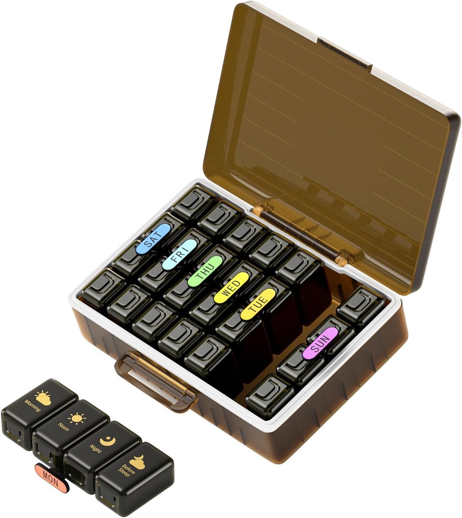 Weekly Pill Organizer 4 Times a Day, Large Compartments Pill Box 4X 7 Day, Medicine Organizer Pill Case for Pills/Vitamins/Fish Oils/Medication/Supplements (Brown)