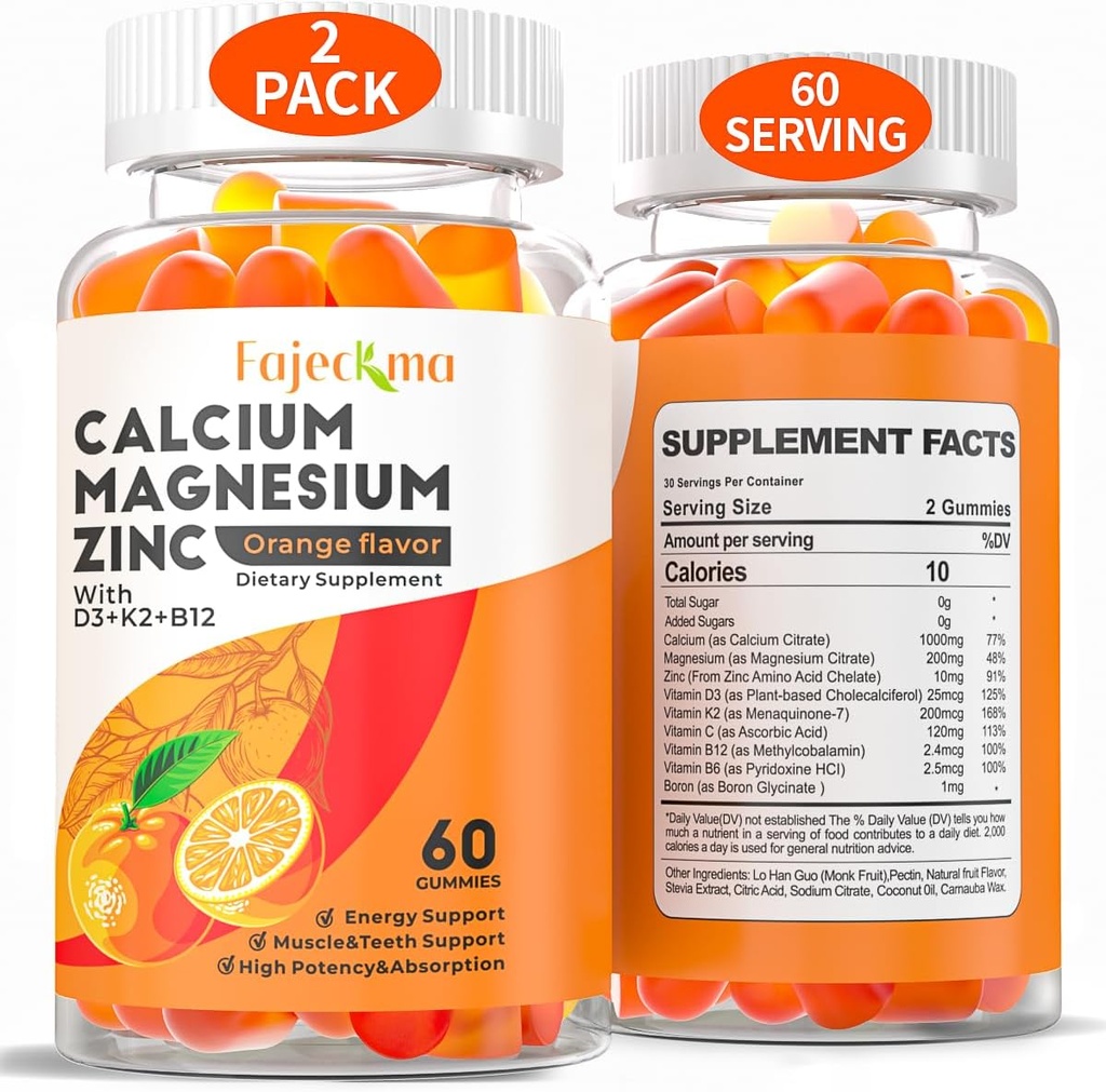 Calcium Magnesium Zinc Gummies for Adult: Organic 1000mg Calcium Citrate Magnesium Supplement with D3 B12 - Sugar Free High Absorption Supplement for Women Men (60 Count(Pack of 2))