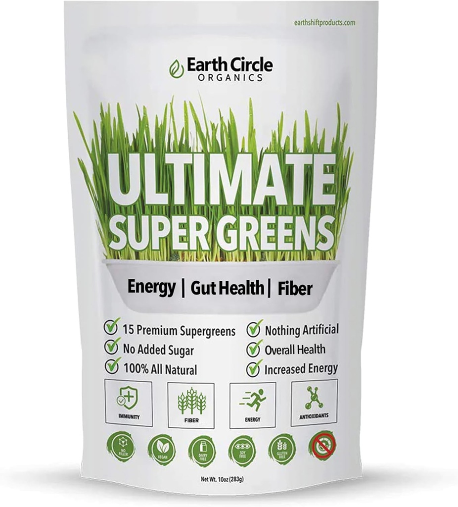 Earth Circle Organics Ultimate Super Greens Powder | 15 Powerful Superfoods | Energy & Fiber-Rich Green Supplement | Vegan, No Additives | for Smoothie Mix & Juices | 30 Servings, 10oz (Pack of 1)